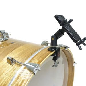 A drum holder attached to a wooden drum.