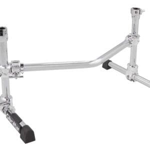 A chrome drum stand on a white background.