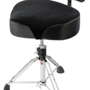 A black drum stool with a chrome base.