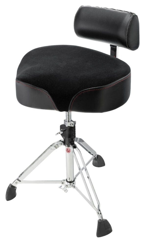 A black drum stool with a chrome base.