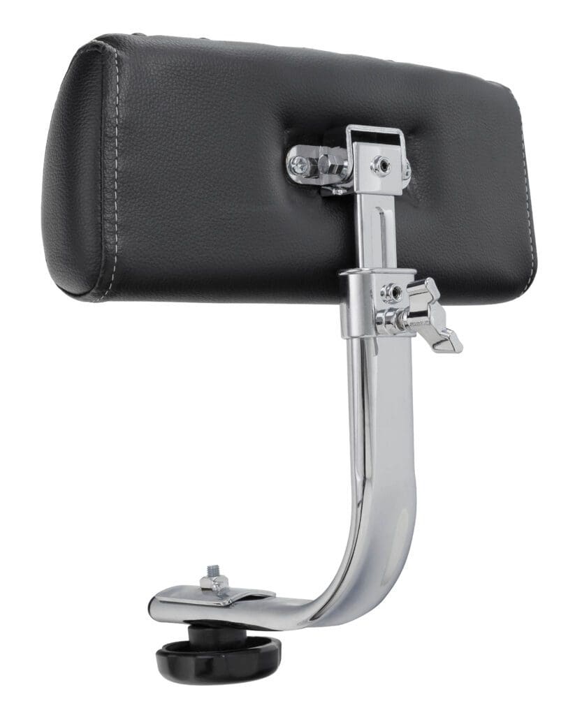 A black leather seat with a chrome handle.