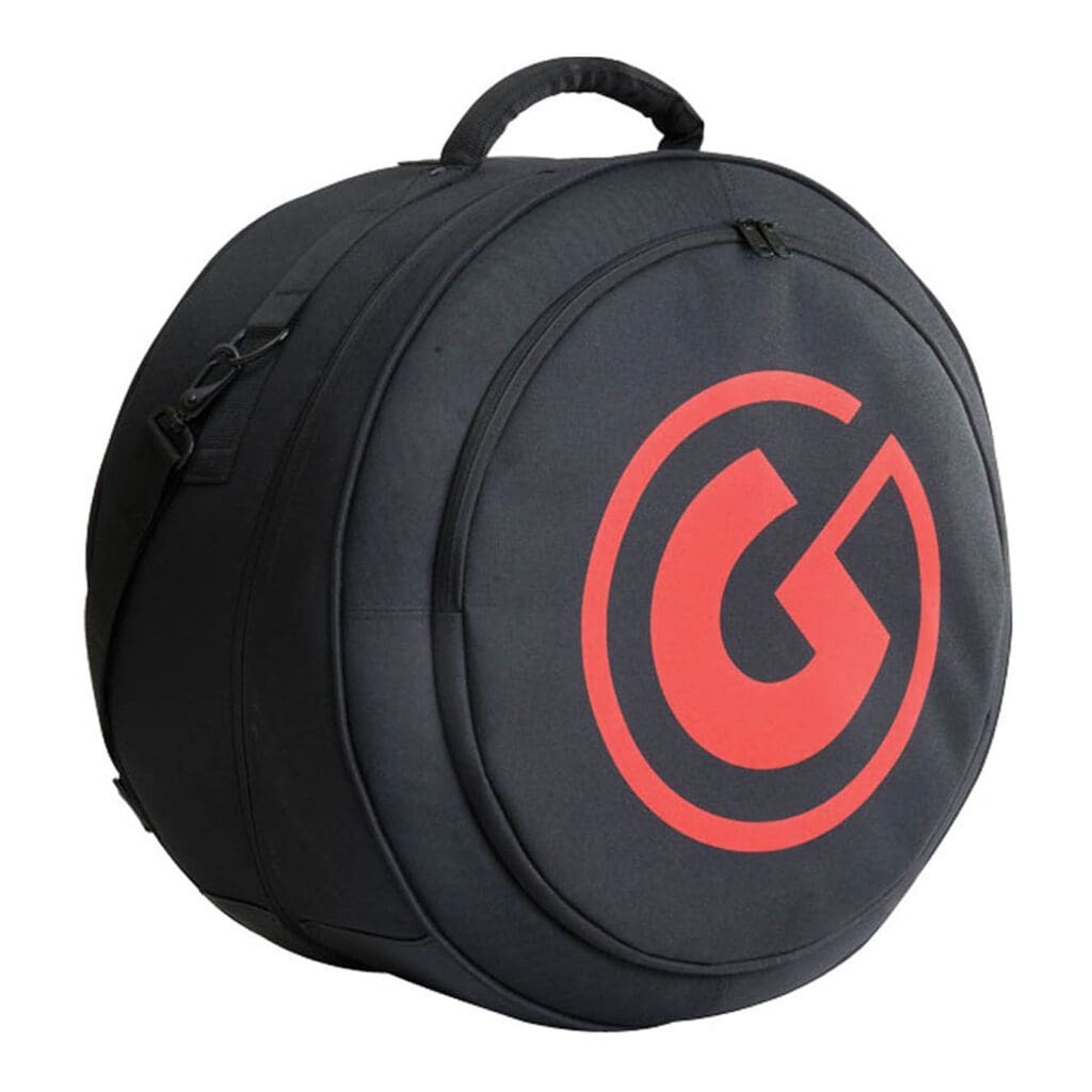 A black drum bag with a red logo on it.