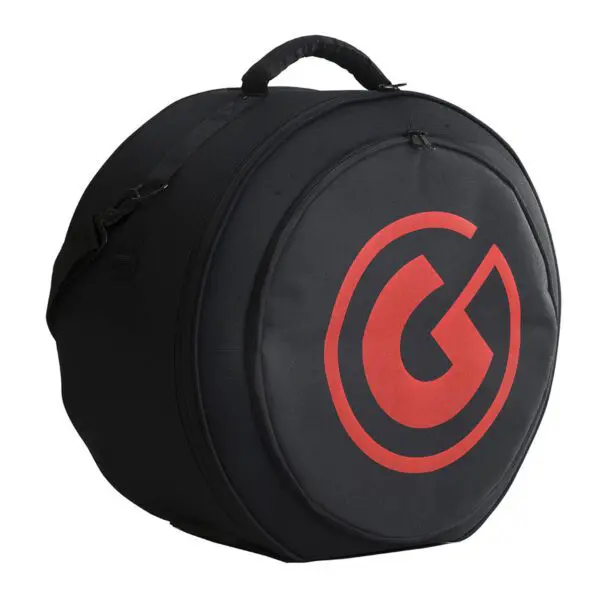 A circular round bag with a red logo