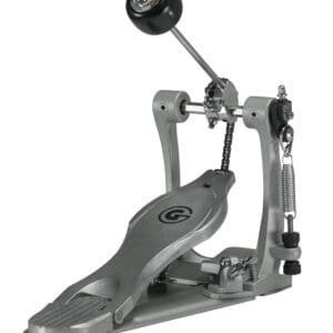 A black and silver drum pedal.