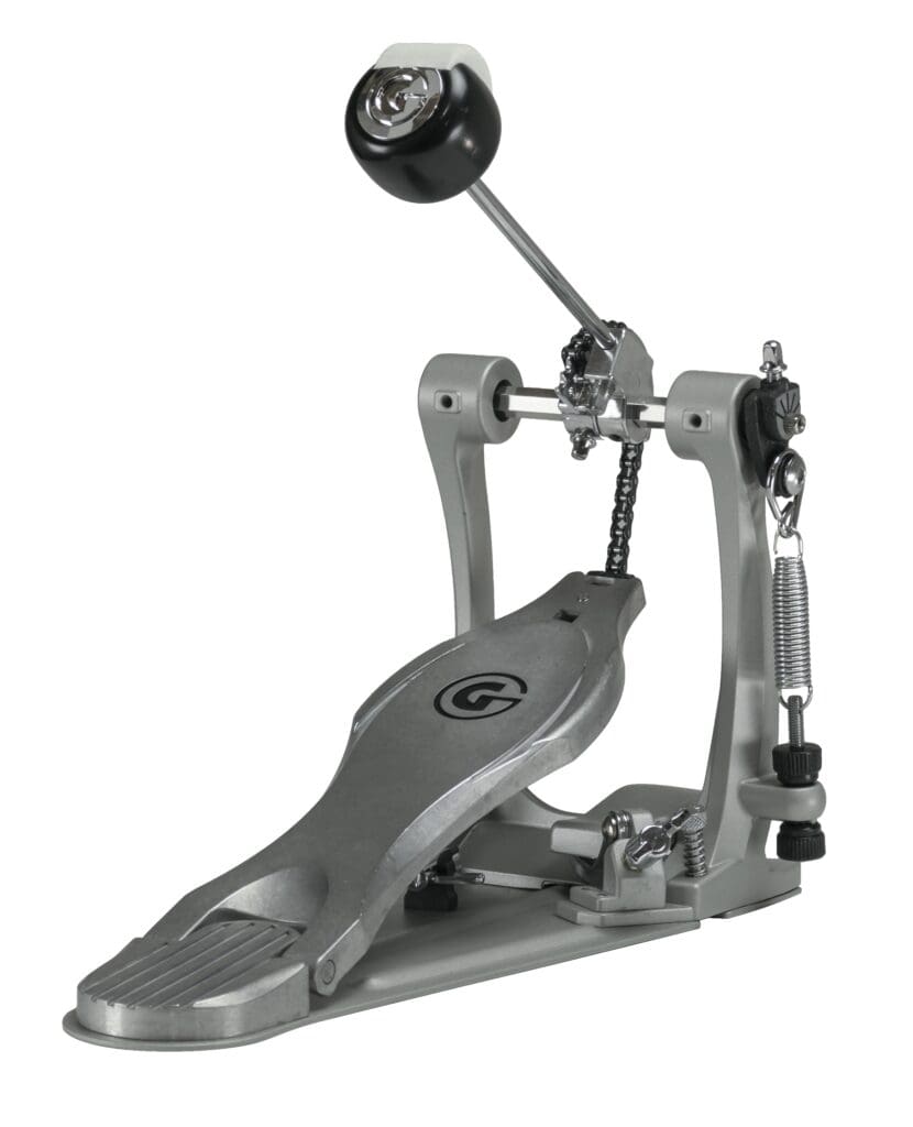 A black and silver drum pedal.