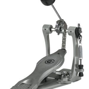 A metal drum pedal with a handle on it.