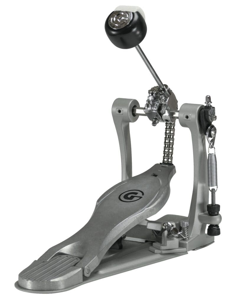 A metal drum pedal with a handle on it.