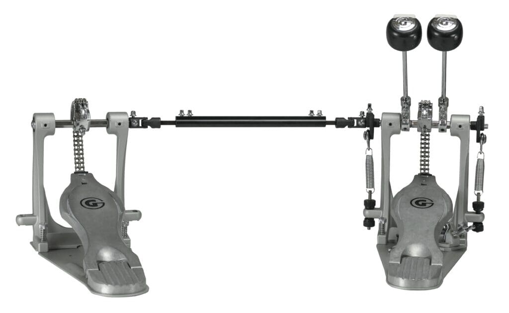 A pair of drum pedals on a white background.