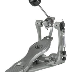 A silver drum pedal with a handle on it.