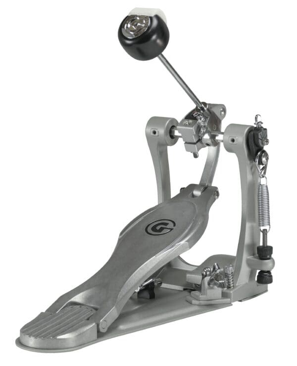 A silver drum pedal with a handle on it.