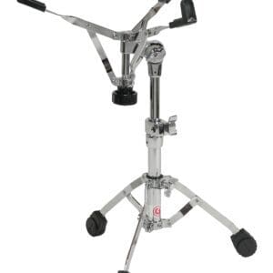 A chrome drum stand on a white background.