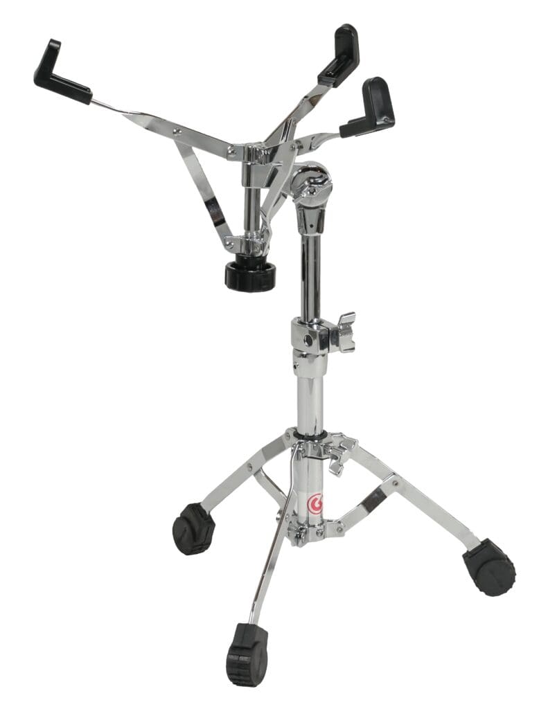 A chrome drum stand on a white background.