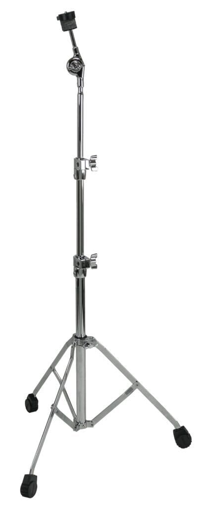 A chrome drum stand on a white background.