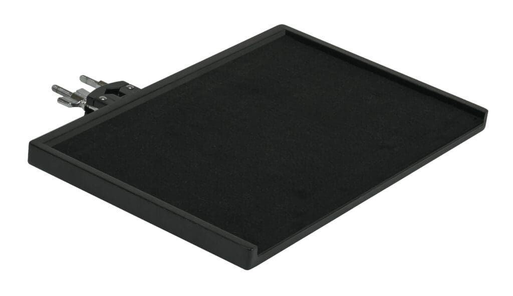 A black tray with two screws on it.