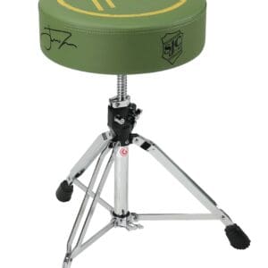 A green drum stool with a logo on it.