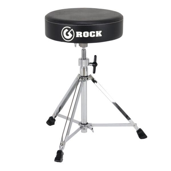 A black drum stool with a rock logo on it.