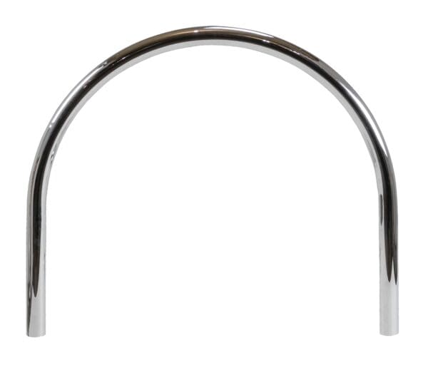 A chrome handlebar on a white background.