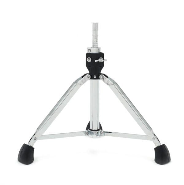 A black and chrome drum stand on a white background.