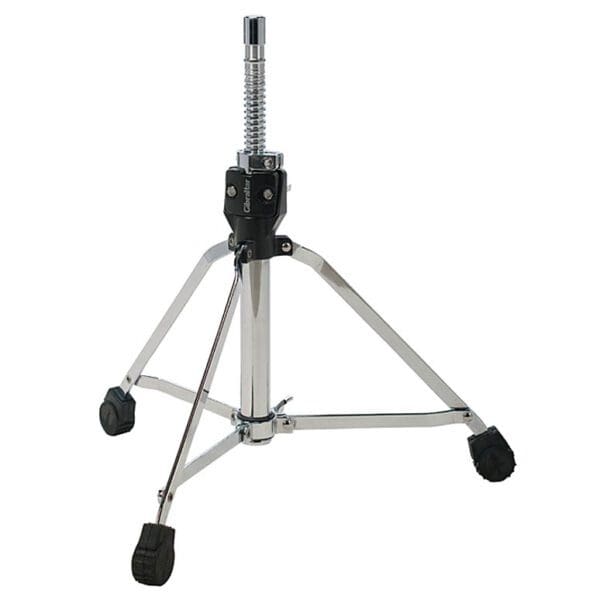 A metal drum stand with wheels on a white background.