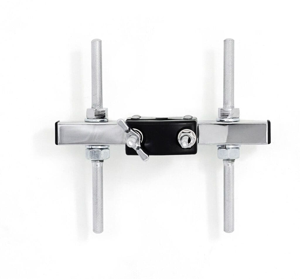 A pair of metal clamps on a white background.