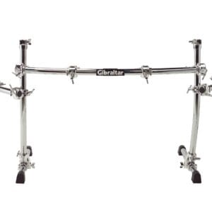 A chrome - plated snare stand on a white background.