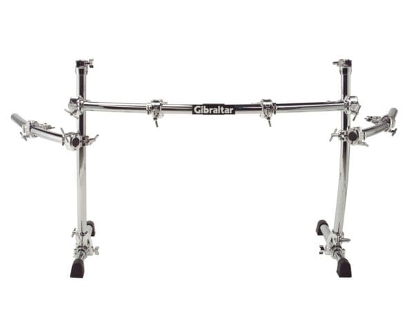 A chrome - plated snare stand on a white background.