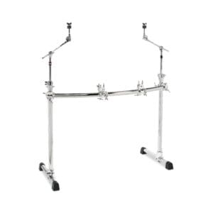 A pair of chrome drum stands on a white background.