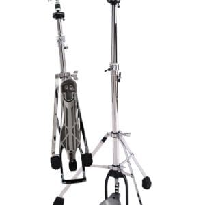 A pair of drum stands on a white background.