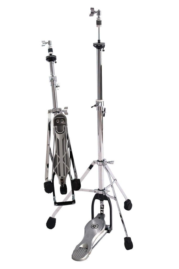 A pair of drum stands on a white background.