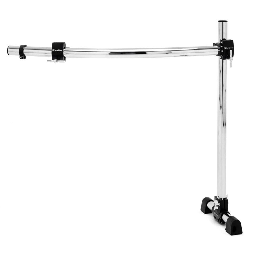 A black and chrome stand on a white background.