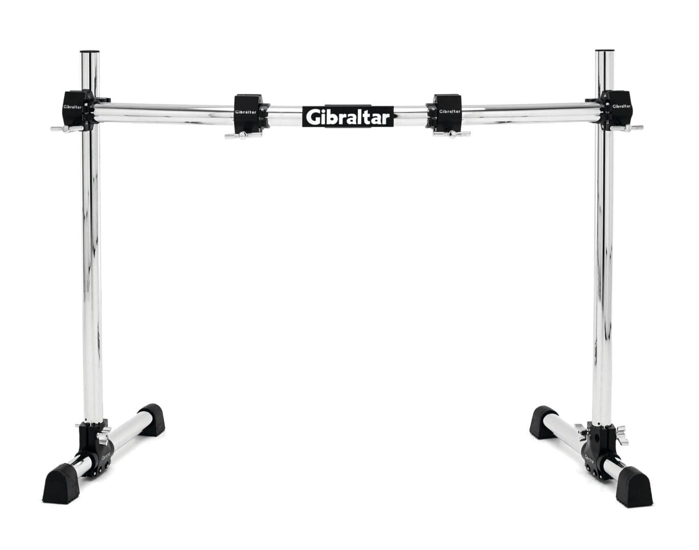 A black and chrome drum stand on a white background.