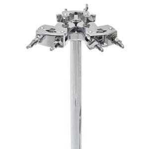 A chrome drum stand with four legs on a white background.