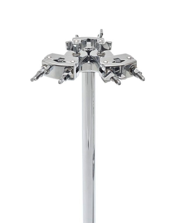 A chrome drum stand with four legs on a white background.