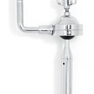 A chrome faucet with a handle on a white background.