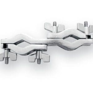 A pair of stainless steel clamps on a white background.