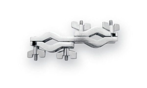 A pair of stainless steel clamps on a white background.