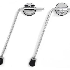 A pair of chrome handles on a white background.