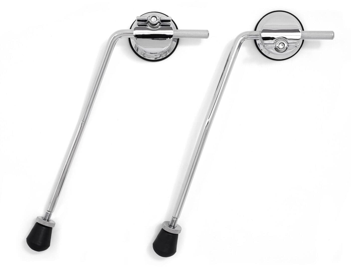 A pair of chrome handles on a white background.