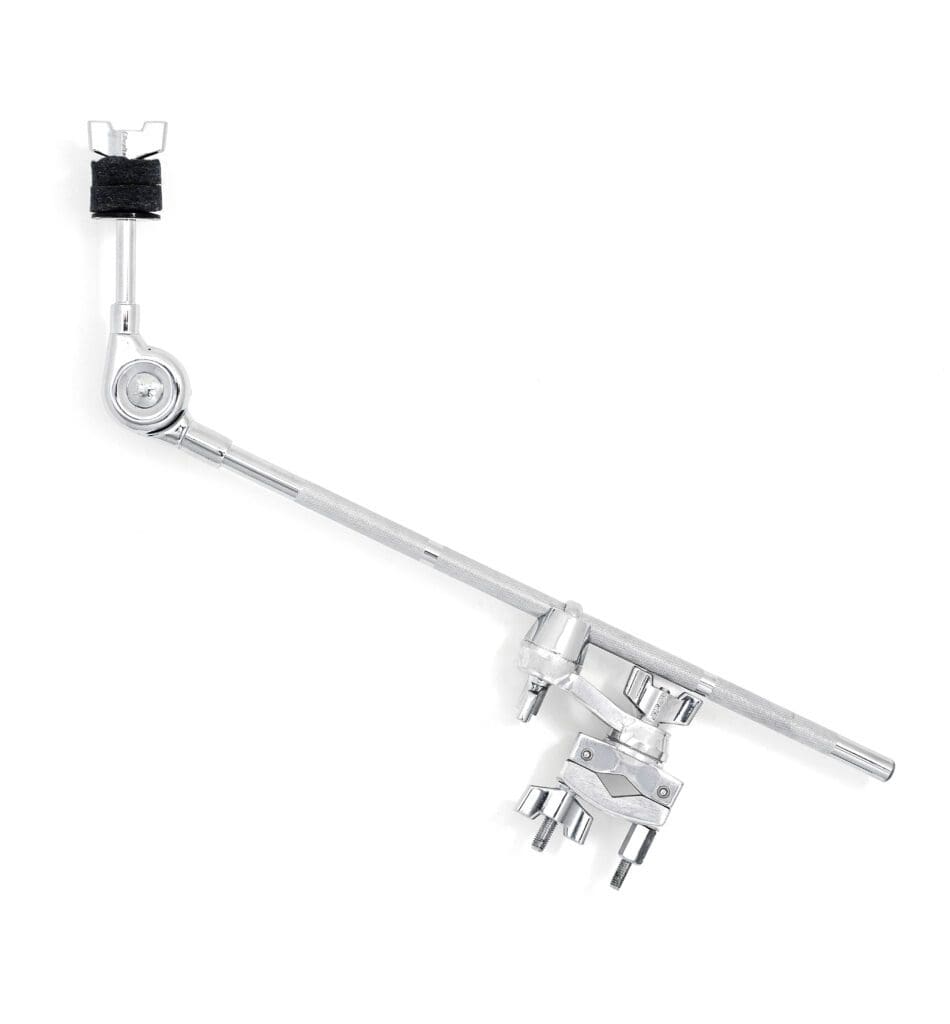 A black and chrome drum arm on a white background