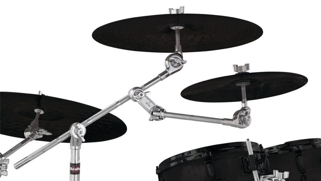 A black and chrome drum arm with drums