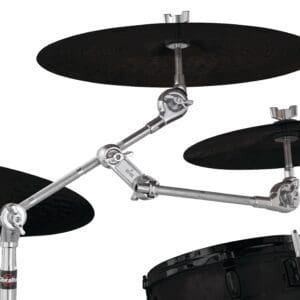 A black and chrome drum arm with drums