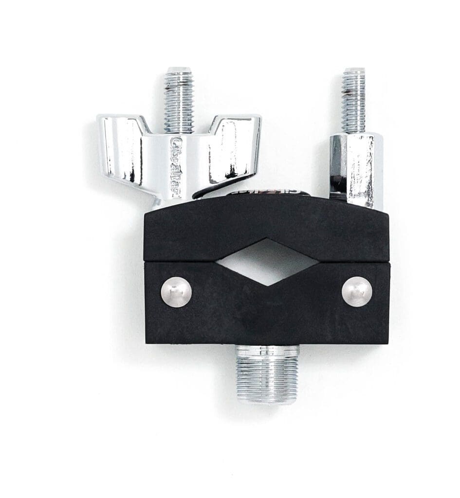 A pair of black metal clamps on a white background.