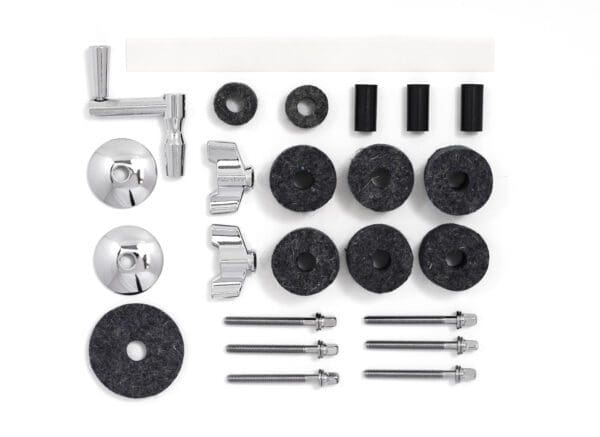 A set of screws, nuts and bolts on a white background.