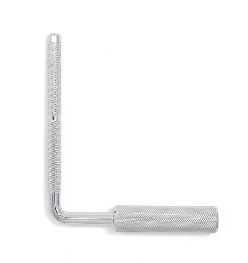 A stainless steel handle on a white background.