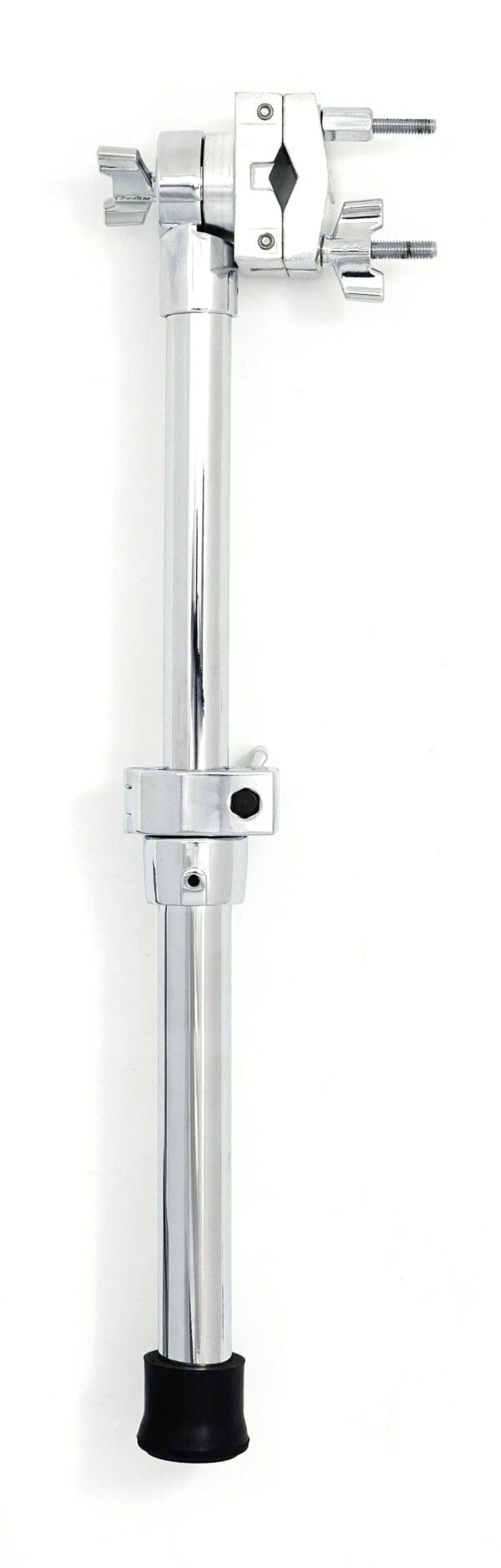 A chrome holder with a black handle on a white background.