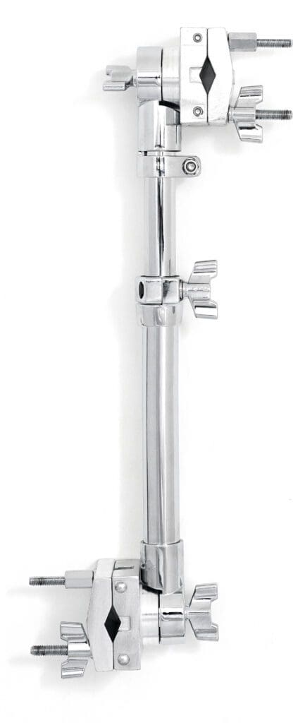 An image of a chrome drum cymbal holder on a white background.