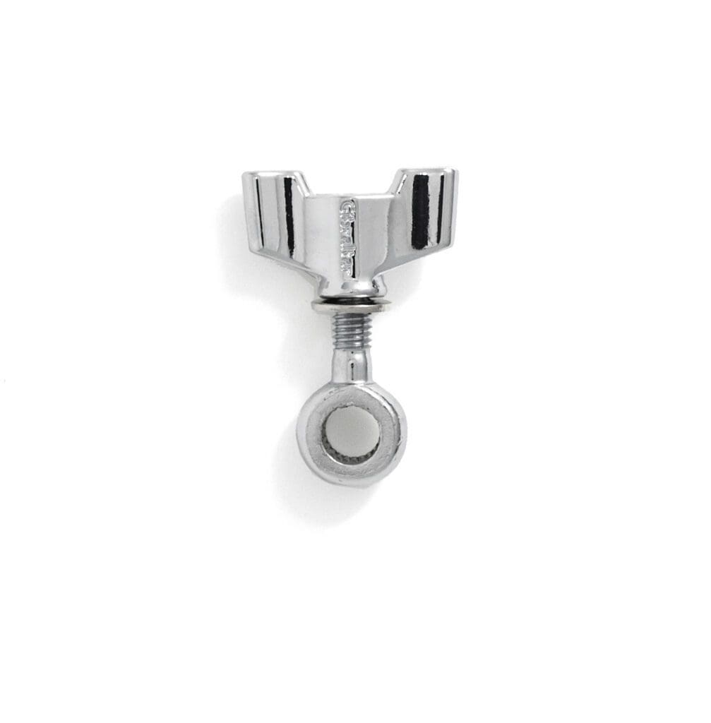 A small metal knob on a white background.