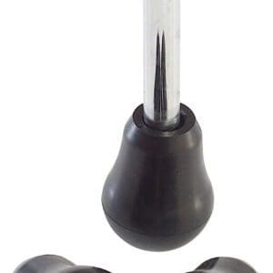 A pair of black plastic knobs on a white background.