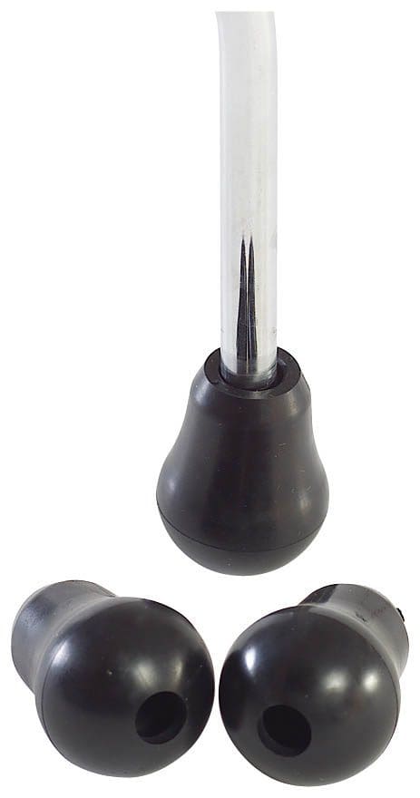 A pair of black plastic knobs on a white background.