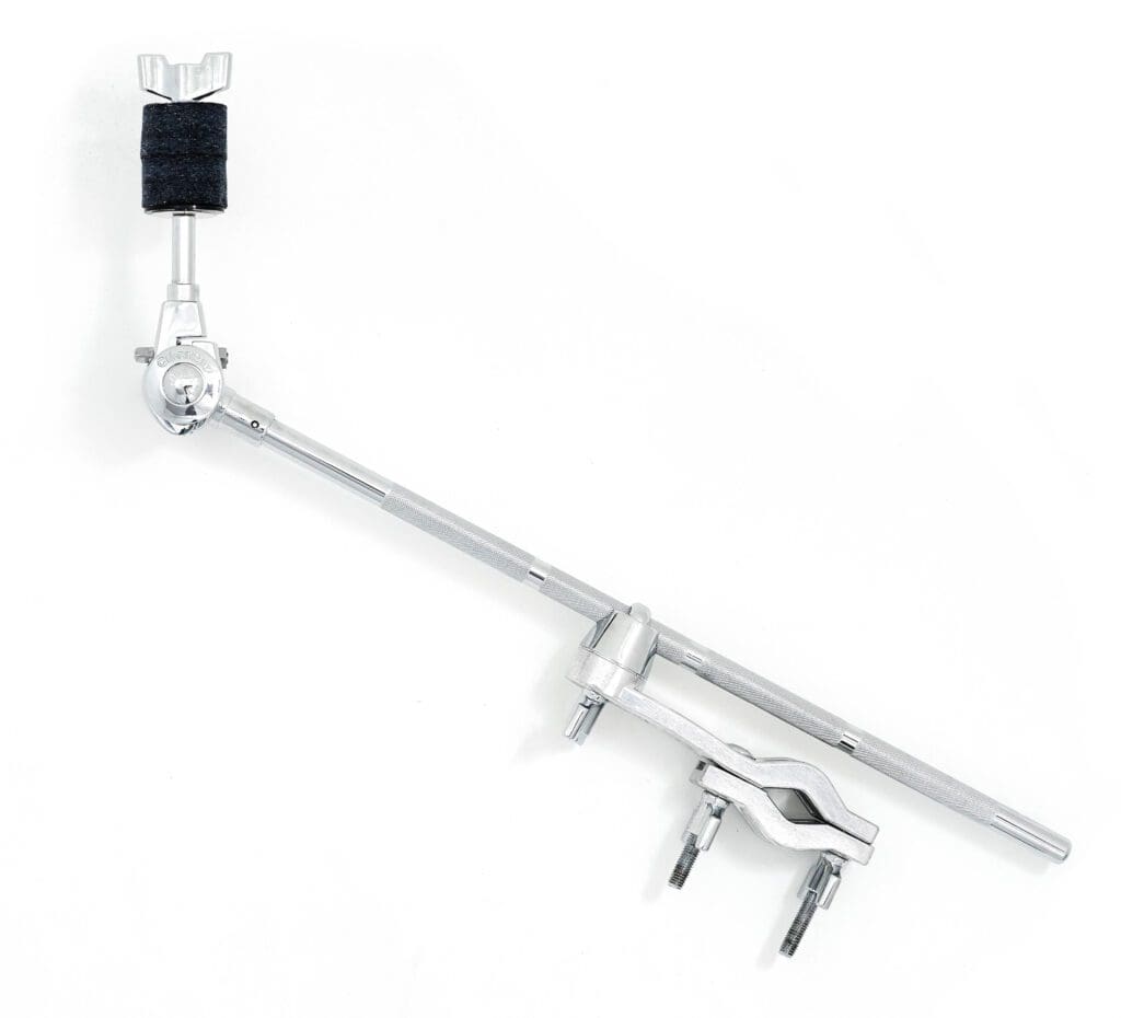 A black and chrome drum arm on a white background